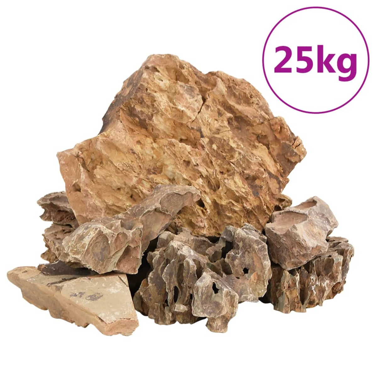 Un mucchio di rocce marroni. Una grande roccia con l'etichetta '25kg' si trova in alto a destra. Le rocce hanno varie forme e texture.