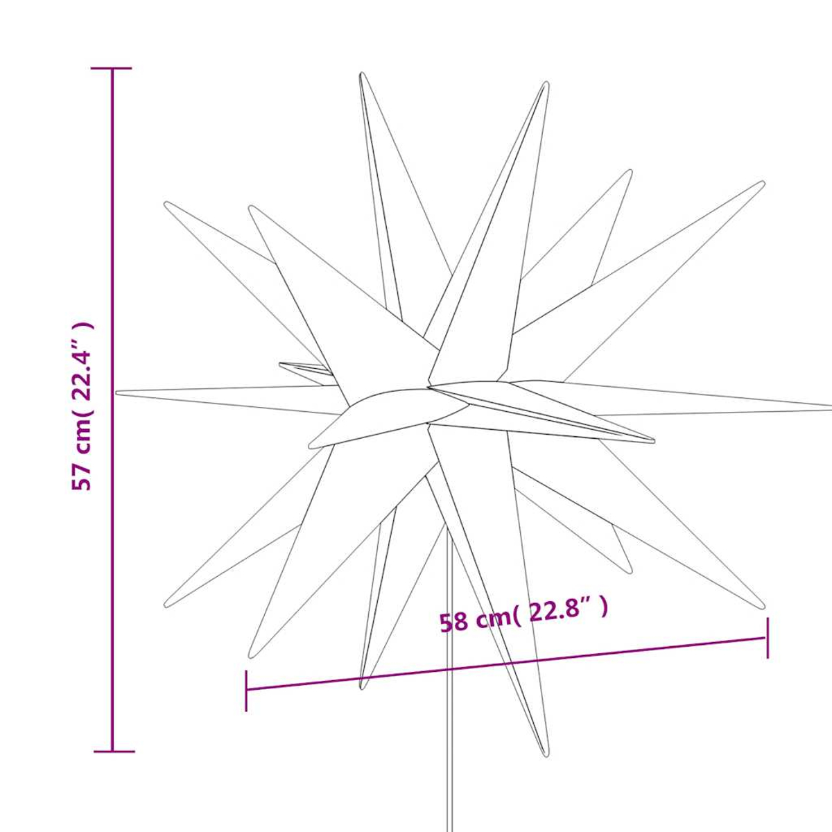 Eine dekorative Sternkontur mit den Maßen 57 cm Höhe und 58 cm Breite wird angezeigt. Der Stern hat mehrere spitze Punkte.
