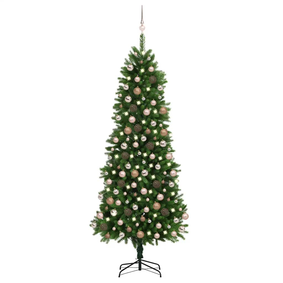 Ein geschmückter Weihnachtsbaum. Er hat Lichter, Ornamente und einen Stern oben. Der Baum steht auf einem schwarzen Ständer.