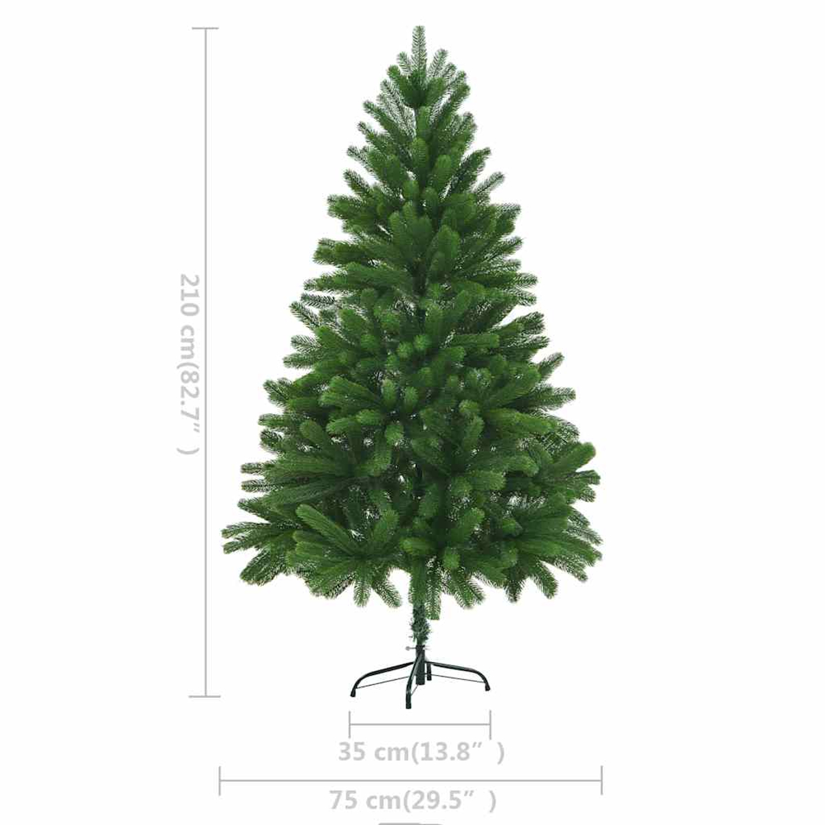 Ein grüner künstlicher Weihnachtsbaum steht auf weißem Hintergrund. Maße zeigen Höhe und Basisbreite.
