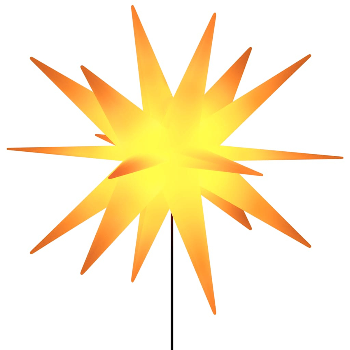 Eine sternförmige Dekoration mit mehreren Spitzen. Sie hat einen Farbverlauf von Gelb und Orange und einen schwarzen Ständer. Der Hintergrund ist weiß.