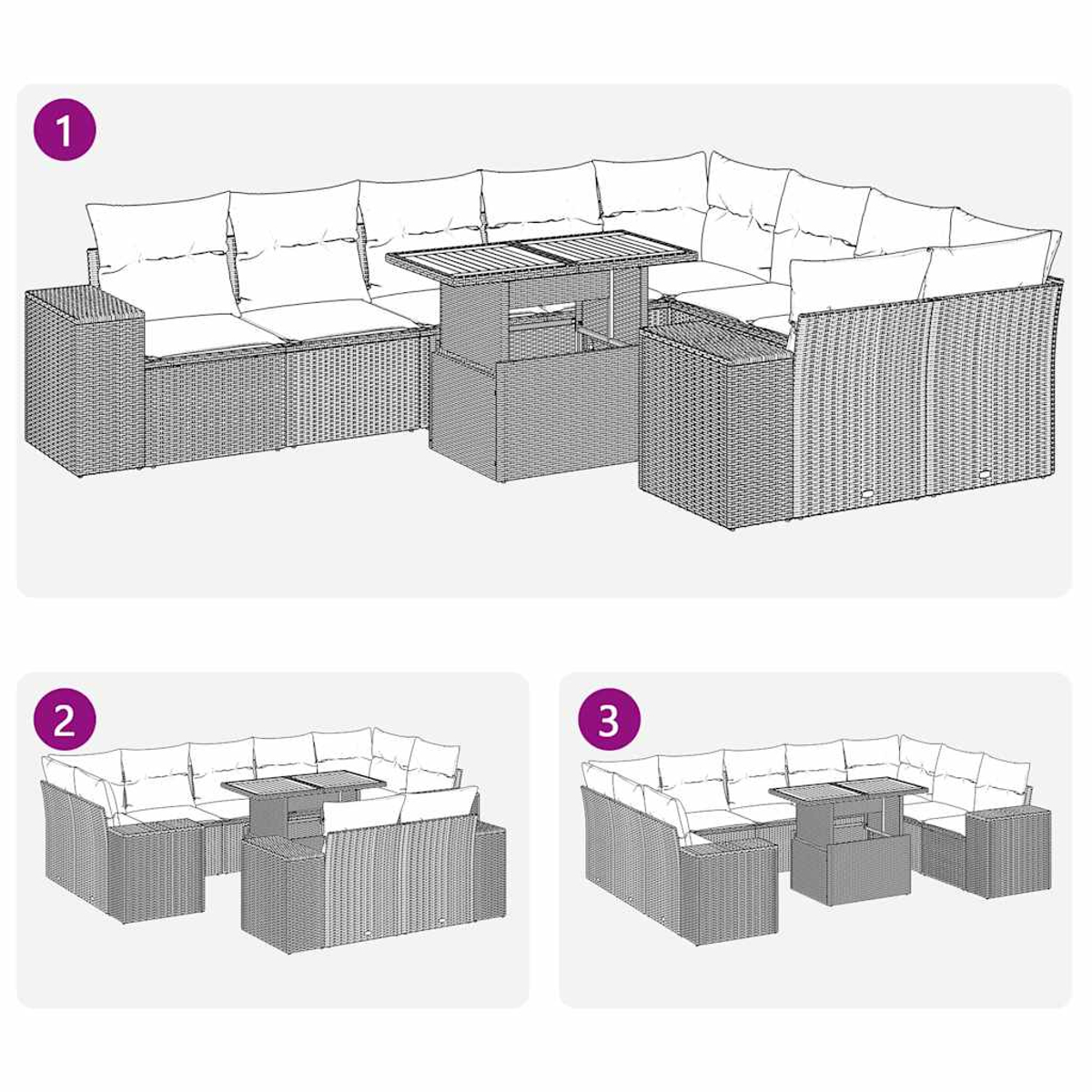 Diagrama de sofá seccional y mesa para exteriores. Se muestran tres arreglos diferentes. Base de mimbre con cojines blancos.