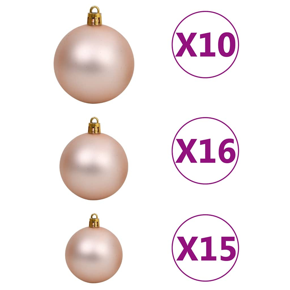 Drei Weihnachtskugeln mit goldenen Kappen. Daneben drei Kreise mit den Zahlen: X10, X16 und X15. Weißer Hintergrund.