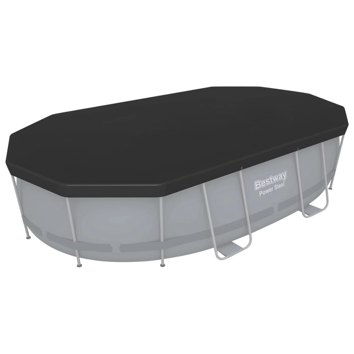 Ein ovales Bestway Power Steel Becken mit schwarzer Abdeckung. Der Pool hat einen grauen Rahmen.
