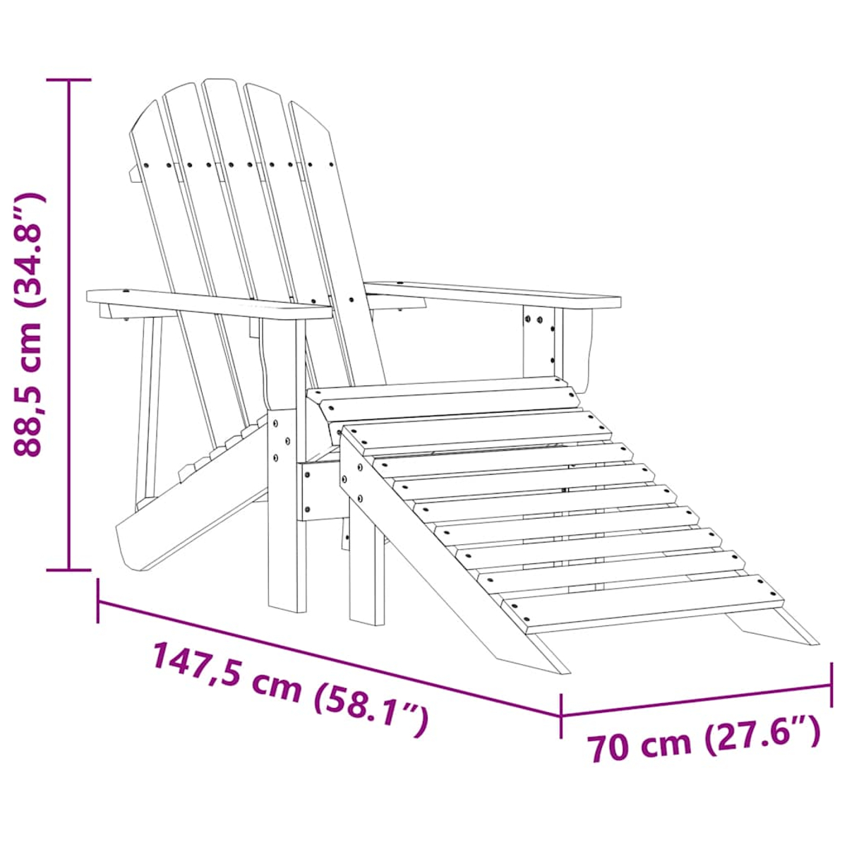 Strichzeichnung eines Adirondack-Stuhls mit angebrachter Fußstütze. Abmessungen: Höhe 88,5 cm, Breite 147,5 cm, Tiefe 70 cm.