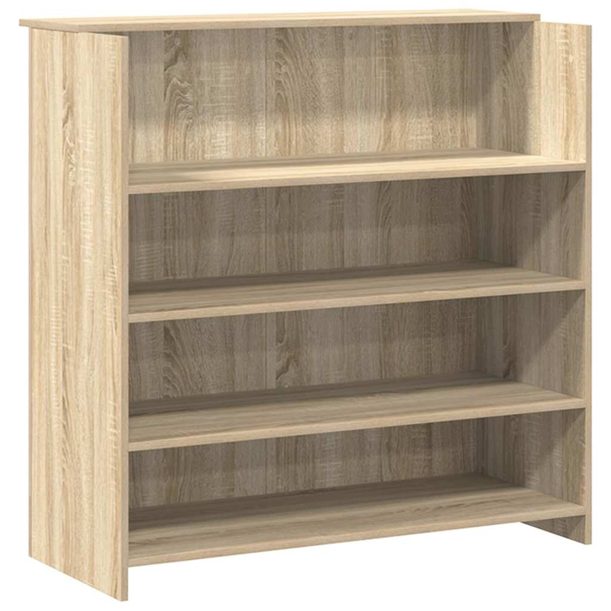 Ein hölzernes Bücherregal mit vier Regalen in Beige. Die Holzmaserung ist sichtbar. Das Bücherregal ist leer.