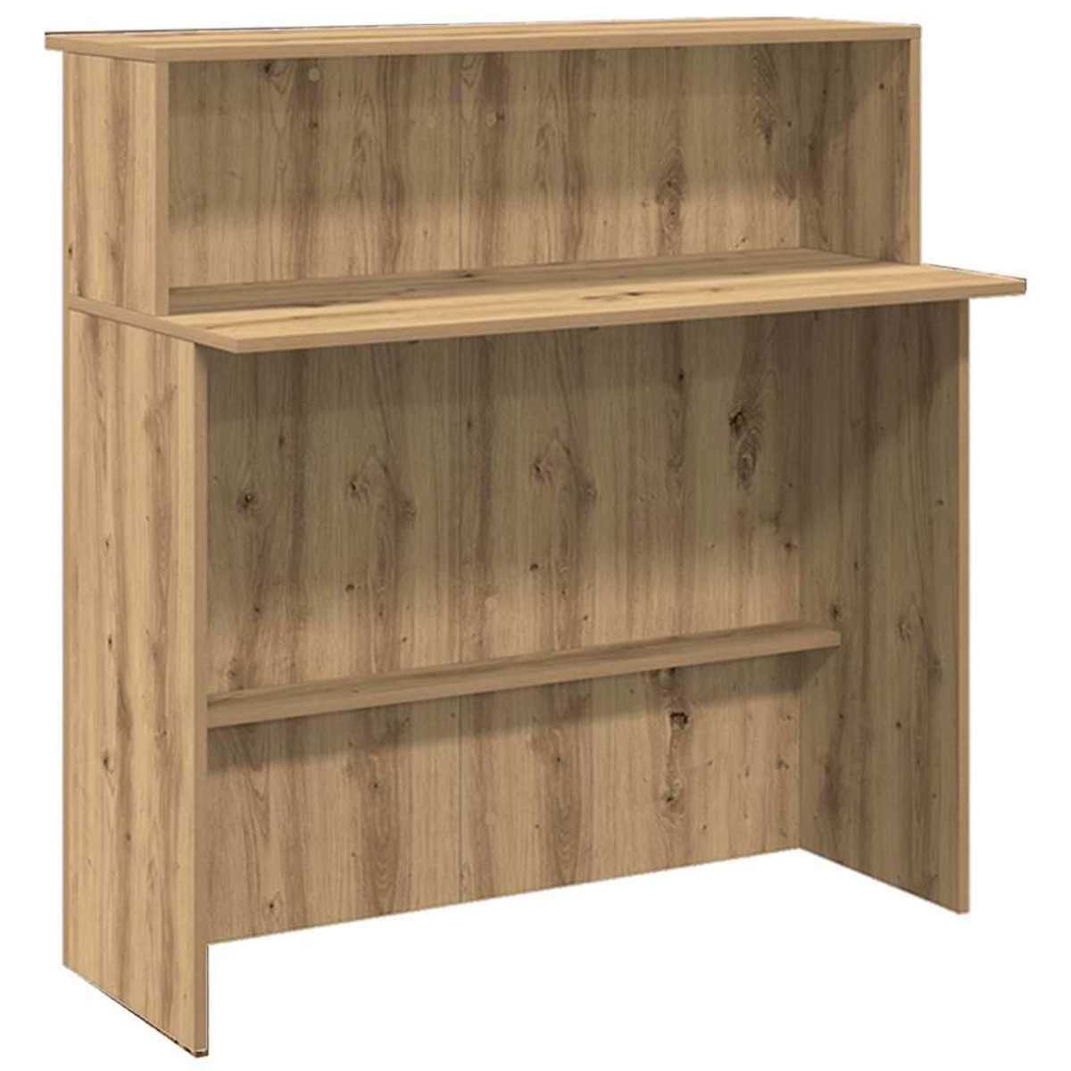 Ein Empfangstresen aus Holz mit Theke, Regalen und erhöhter Rückwand. Er hat eine hellbraune Holzmaserung.