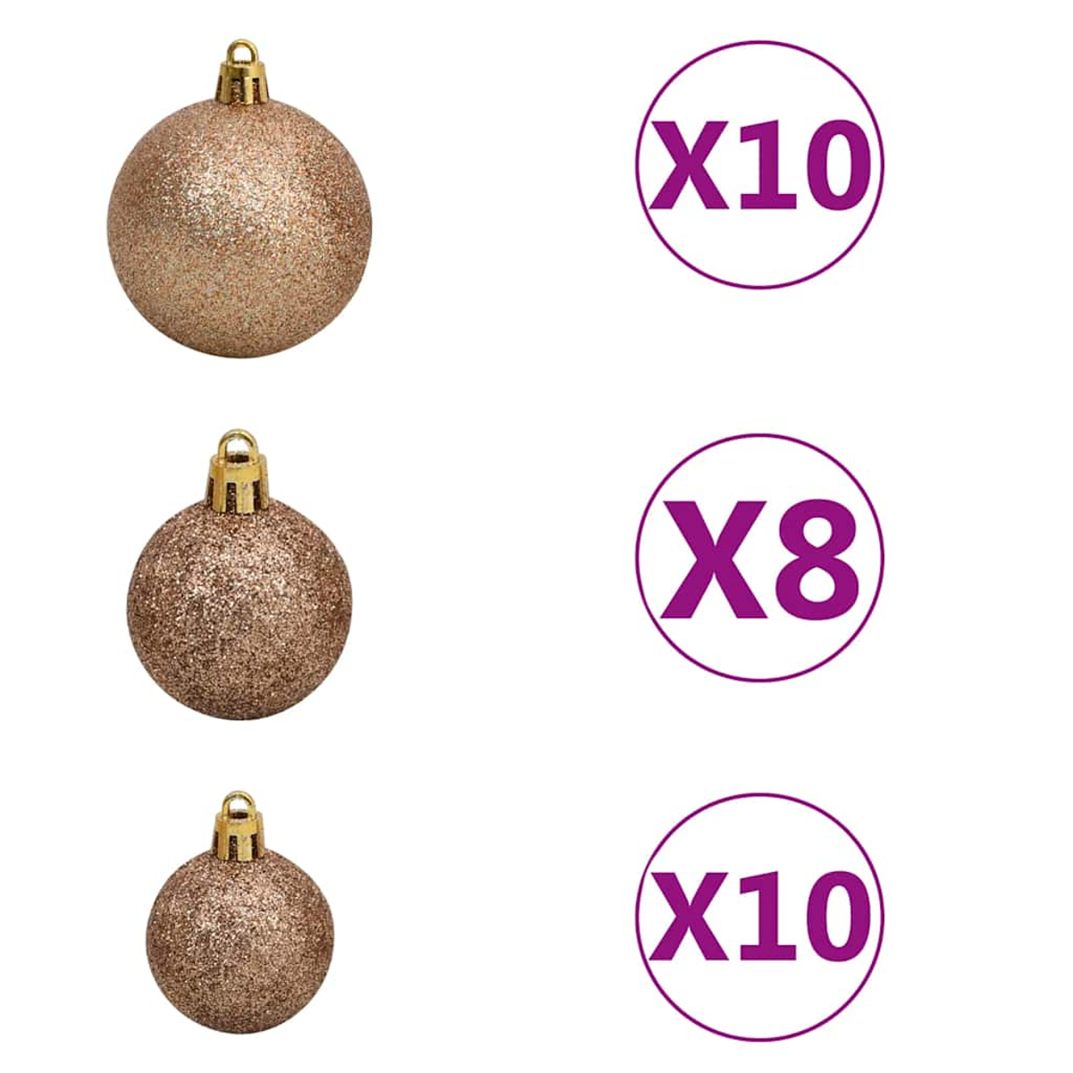 Drei glitzernde goldene Weihnachtskugeln. Zwei zeigen X10 und eine zeigt X8 in lila Kreisen. Weißer Hintergrund.