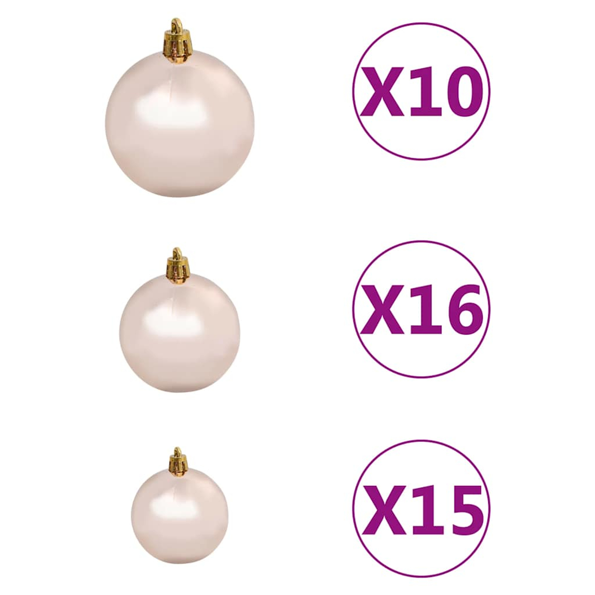 Drei perlenartige Ornamente mit goldenen Kappen. Darüber befinden sich drei Kreise mit dem Text X10, X16 bzw. X15 in Lila.