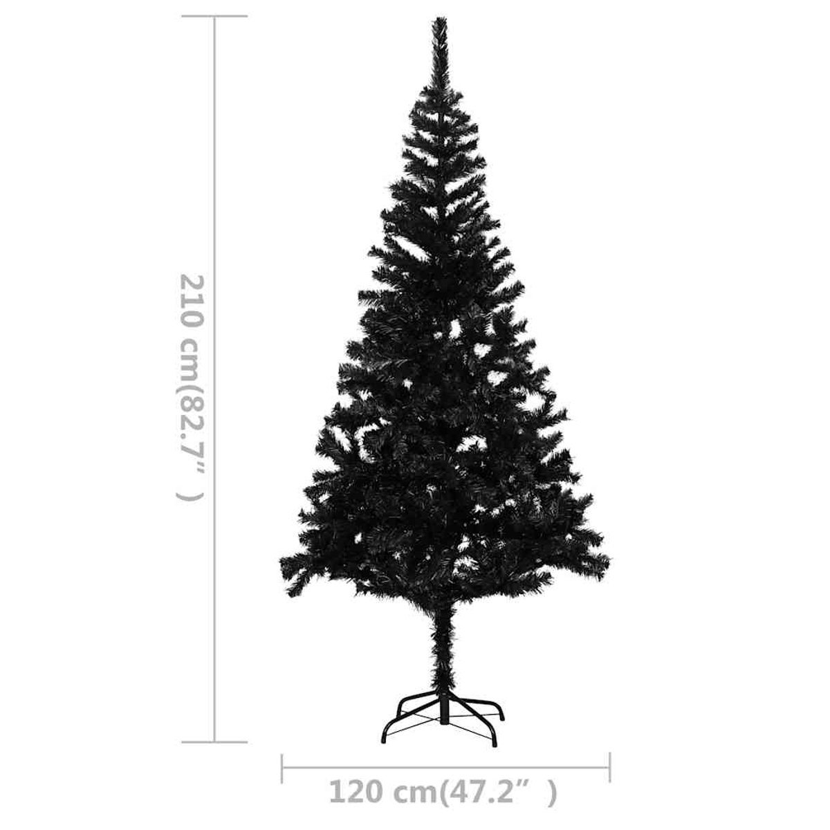 Ein schwarzer künstlicher Weihnachtsbaum auf weißem Hintergrund. Er ist 210 cm (82,7") hoch und 120 cm (47,2") breit.