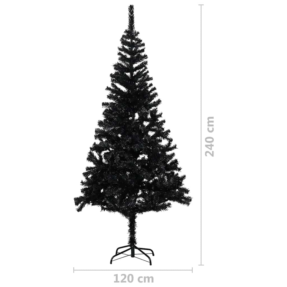 Ein schwarzer künstlicher Weihnachtsbaum steht auf weißem Hintergrund. Er ist 240 cm hoch und 120 cm breit.
