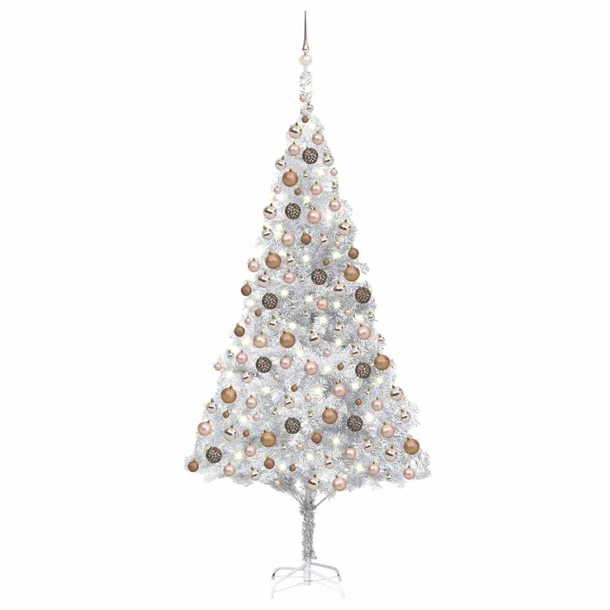 Ein weißer Weihnachtsbaum mit goldenen und rosa Ornamenten und Lichtern. Er steht auf einem weißen Ständer vor weißem Hintergrund.