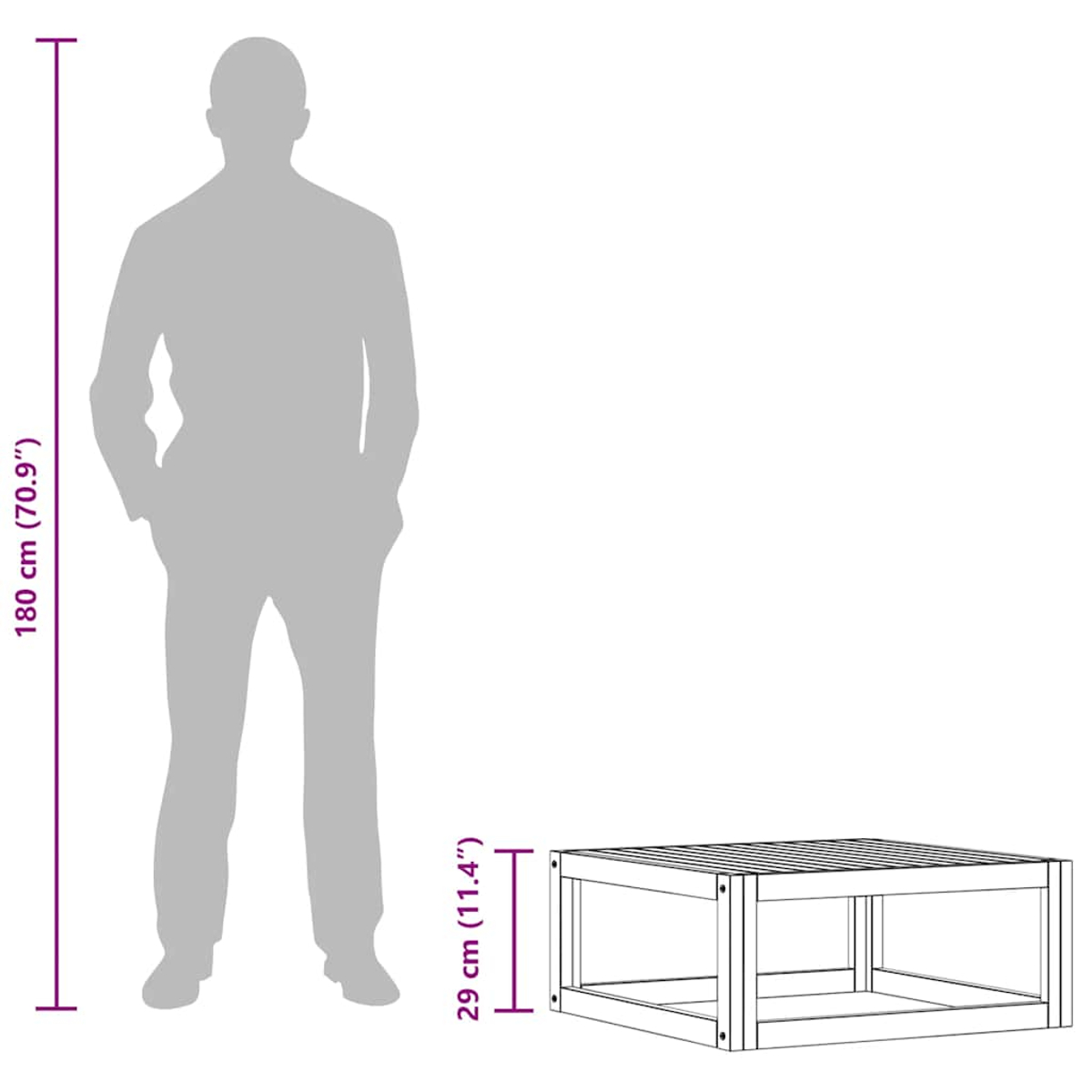 Eine Person steht neben einem Couchtisch. Maße sind angegeben: Person 180 cm, Tischhöhe 29 cm.