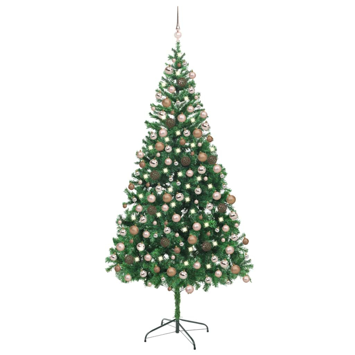 Ein dekorierter Weihnachtsbaum steht auf weißem Hintergrund. Er hat Ornamente, Lichter und einen Stern oben. Der Baum ist grün.