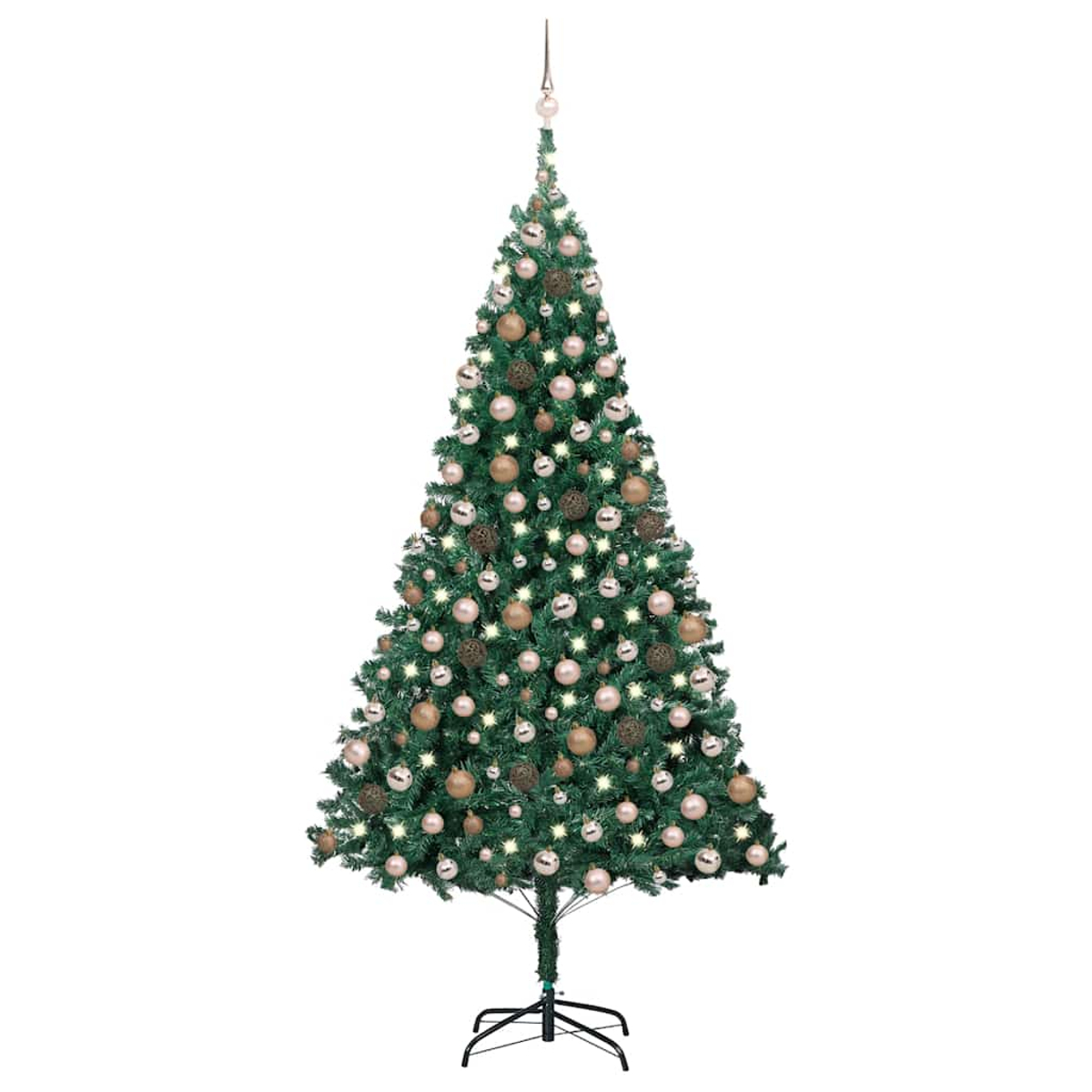 Ein geschmückter Weihnachtsbaum mit Ornamenten, Lichtern und einem Stern. Der Baum steht auf einem schwarzen Ständer vor weißem Hintergrund.
