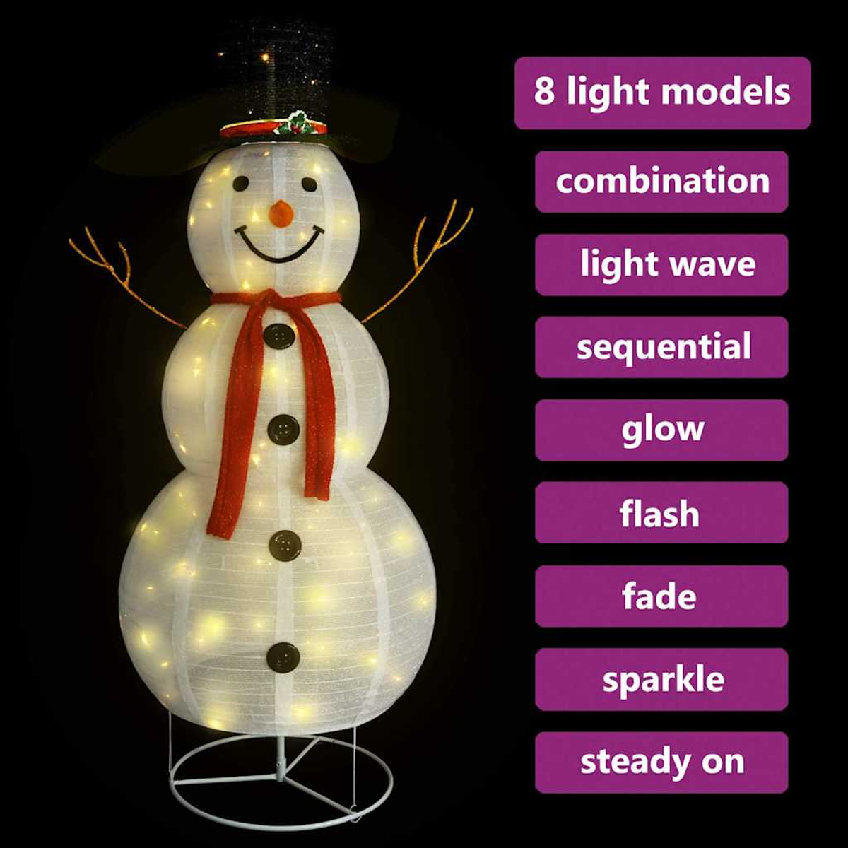Eine Schneemann-Dekoration mit schwarzem Hut, rotem Schal und Lichtern. Auf der rechten Seite befindet sich eine Liste mit 8 Lichtmodellen.