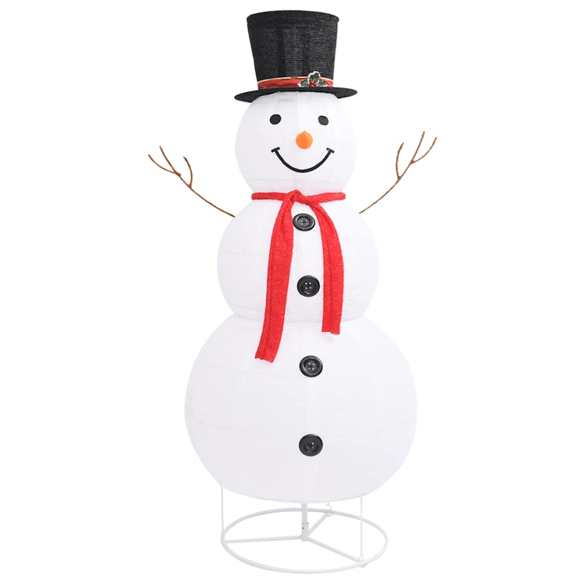 Eine Schneemann-Dekoration mit schwarzem Zylinder, orangener Nase, rotem Schal und schwarzen Knöpfen. Er hat Zweigarme und steht auf einem Metallsockel.