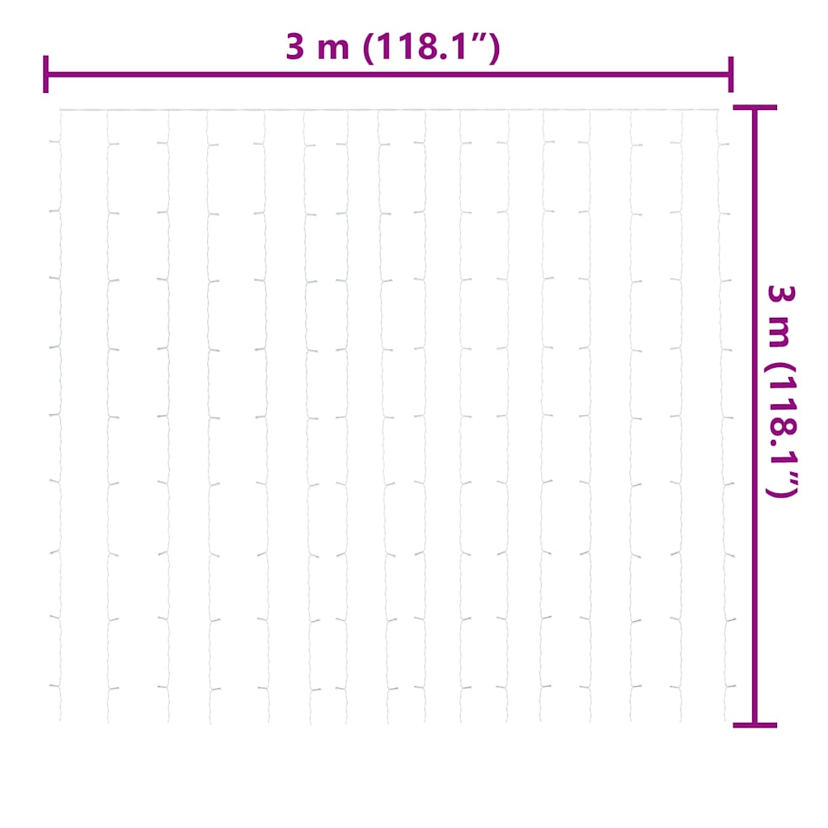 Eine weiße, gitterartige Struktur mit den Maßen 3 m x 3 m, umrandet in Lila. Das Gitter besteht aus vertikalen und horizontalen Linien.