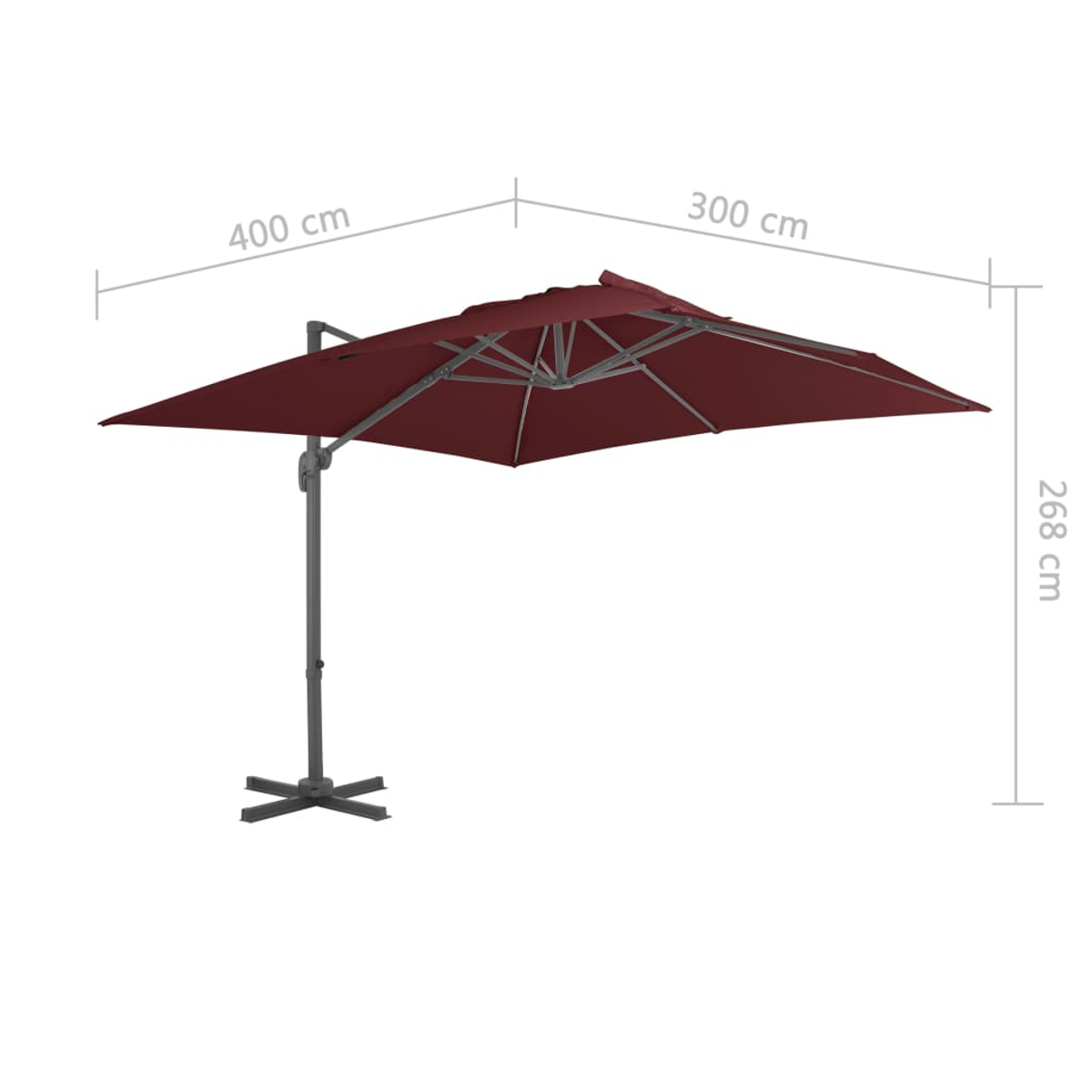 Ein burgunderfarbener Sonnenschirm mit den Maßen 400 cm x 300 cm x 268 cm. Er wird von einem grauen Metallständer und -fuß getragen.