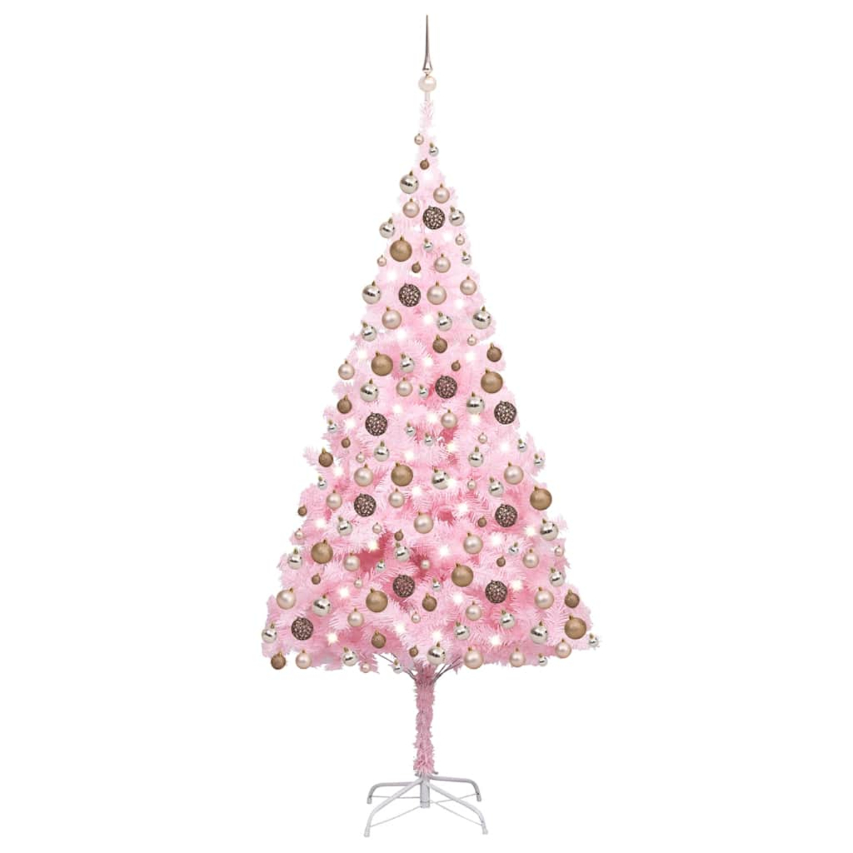 Ein rosa Weihnachtsbaum mit Ornamenten und Lichtern. Er hat einen weißen Ständer und steht vor einem weißen Hintergrund.