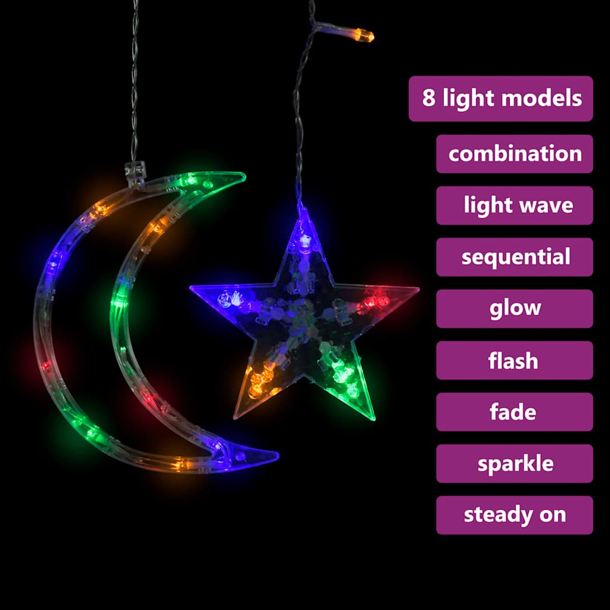 Weihnachtsbeleuchtung in Halbmond- und Sternform. Verschiedene Lichtmodi sind auf der rechten Seite des Bildes aufgeführt.