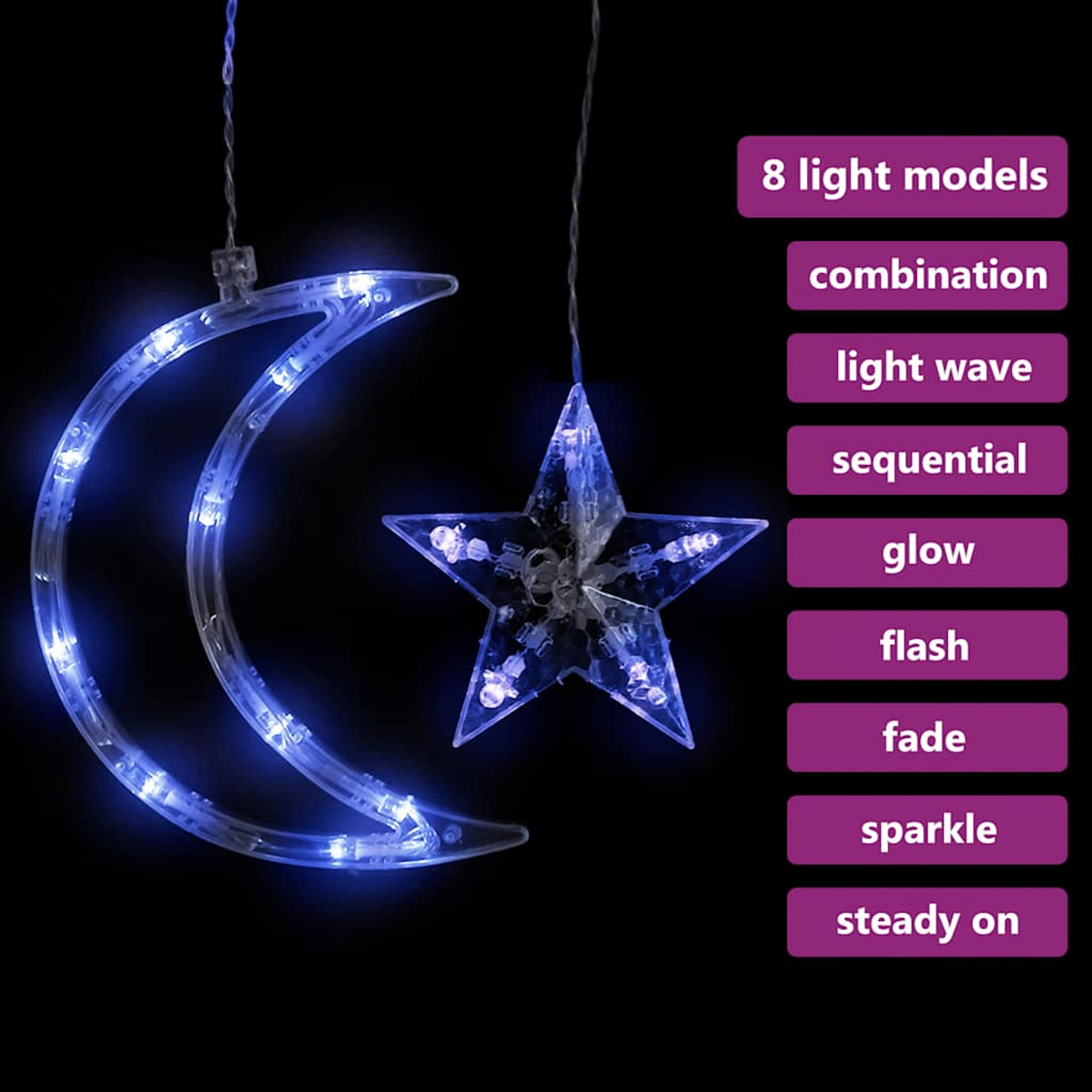 Blaue LED-Mond- und Sternlichter. Acht Lichtmodelle sind gelistet. Der Hintergrund ist schwarz.