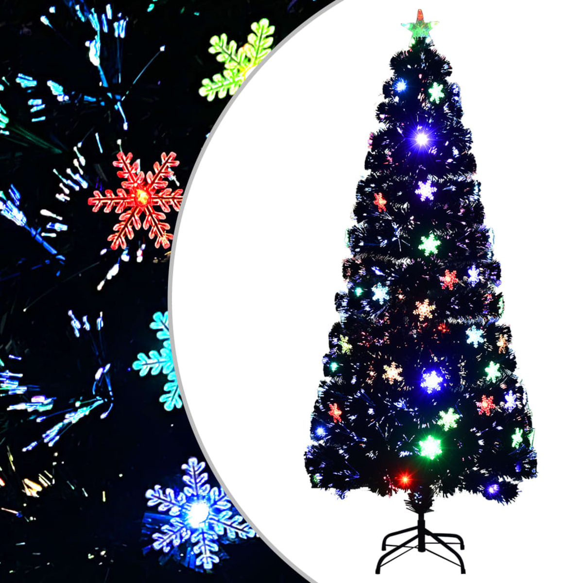 Ein schwarzer Weihnachtsbaum mit Schneeflockenlichtern, einem Stern oben und einem schwarzen Fuß. Der Hintergrund hat Schneeflocken und Glasfaserlichter.