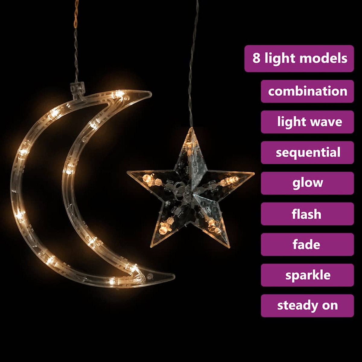 Ein halbmond- und sternförmiges Lichtornament mit LED-Leuchten, das vor einem schwarzen Hintergrund hängt. Verschiedene Lichtmodi sind aufgeführt.