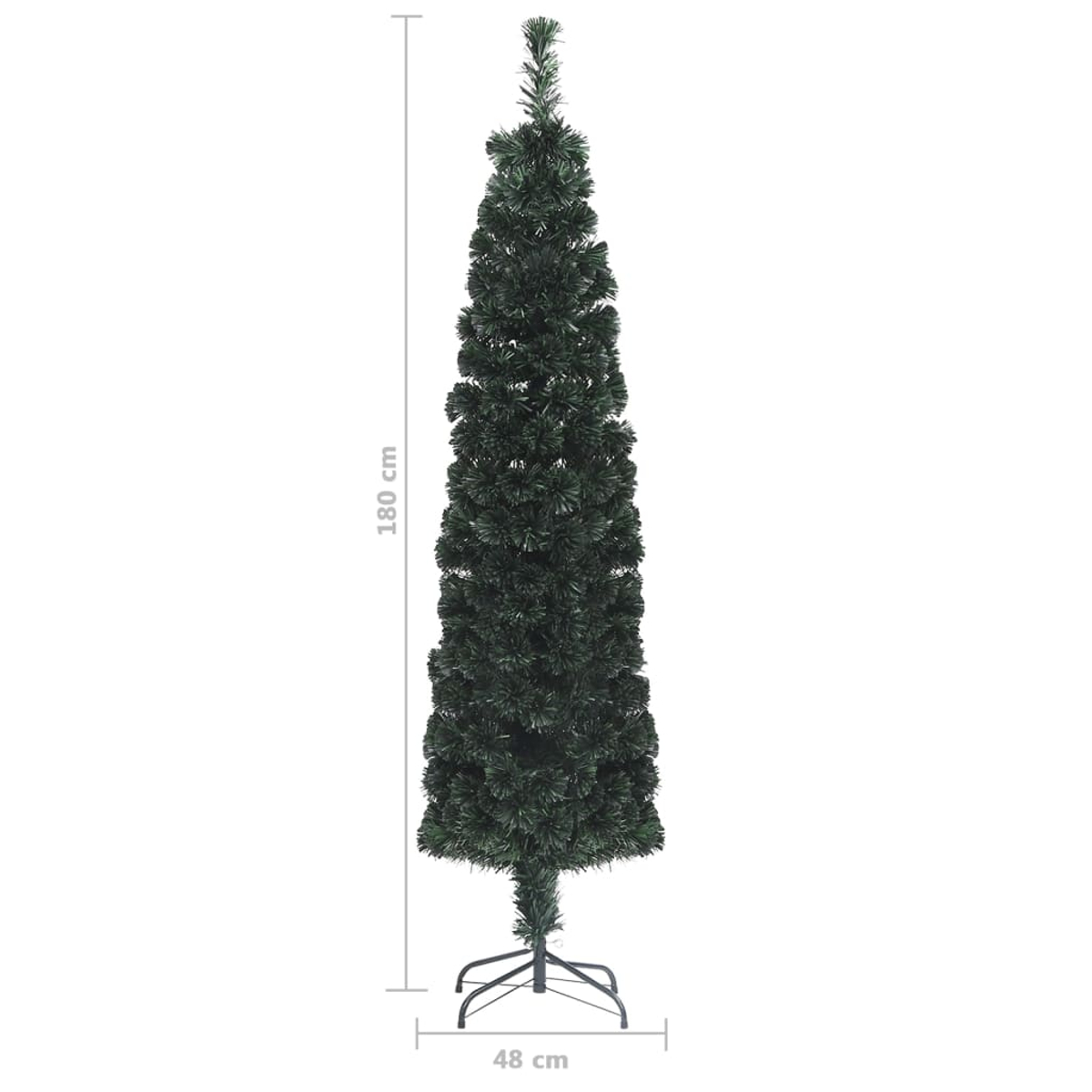 Ein grüner künstlicher Weihnachtsbaum, 180 cm hoch, auf einem schwarzen Metallständer, 48 cm breit, vor weißem Hintergrund.
