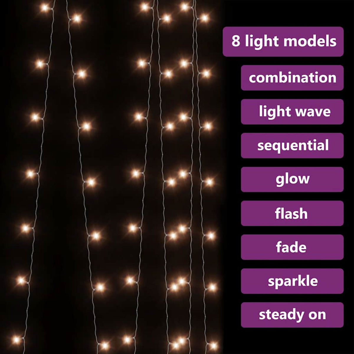 Lichterketten mit warmweißen LEDs vor schwarzem Hintergrund. Textfelder listen 8 Lichtmodi auf: Kombination, Welle, sequenziell, Glimmen, Blinken, Überblendung, Funkeln und Dauerlicht.