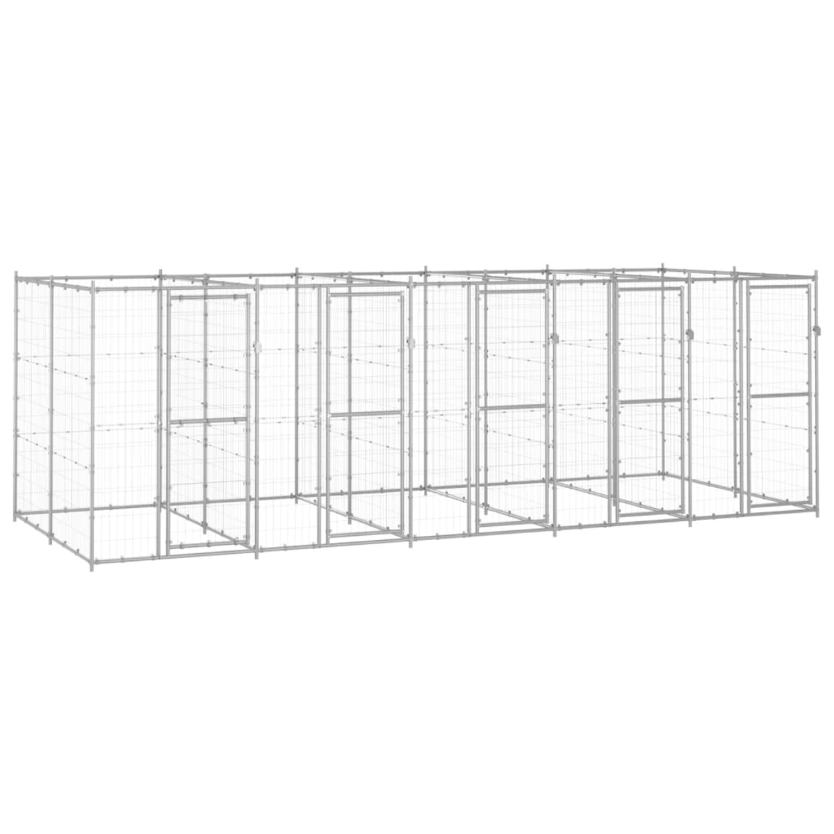 Ein großer, rechteckiger Zwinger aus Metallstäben und Drahtgeflecht mit mehreren verbundenen Abteilen und Türen.