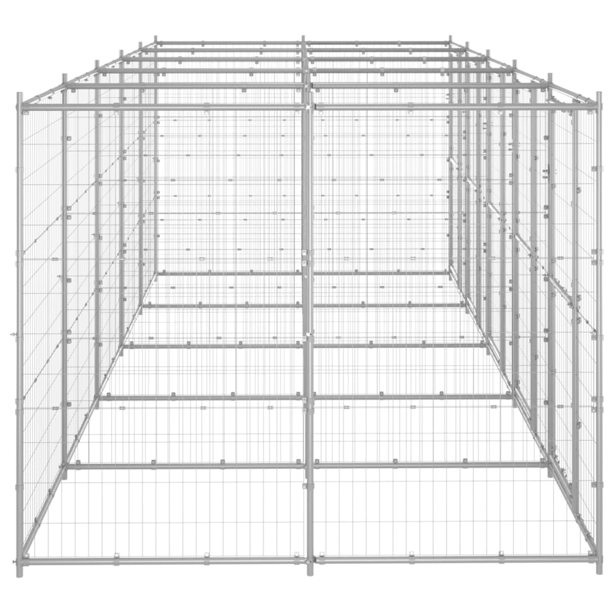 Ein großer, leerer Hundeauslauf aus Metall. Konstruiert aus silbernen Metallrohren und Drahtgeflecht. Der Auslauf ist rechteckig mit offenem Dach.