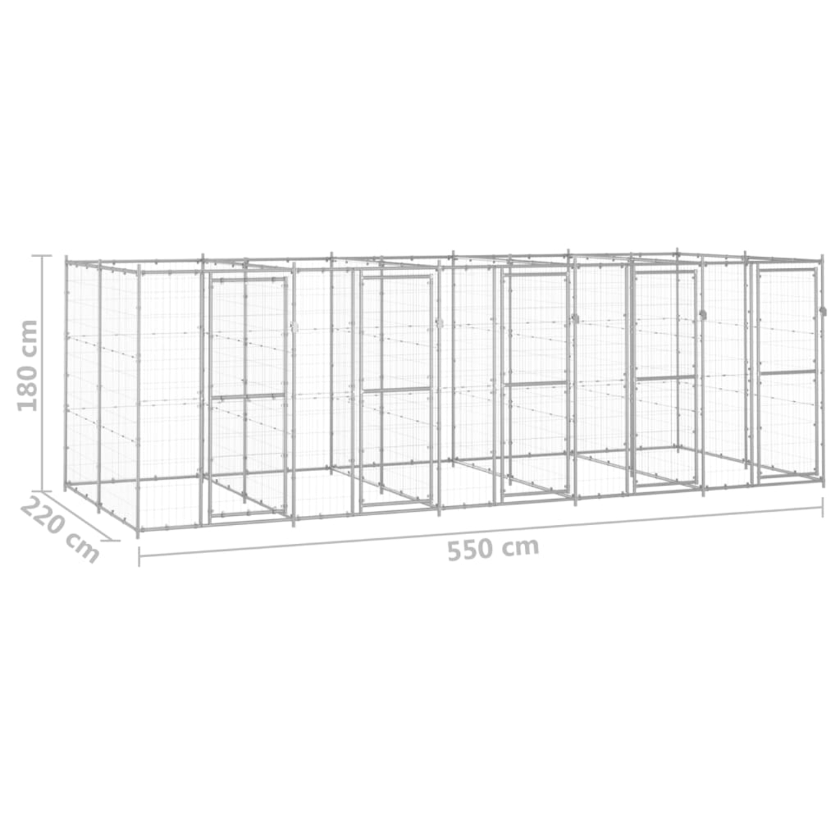 Ein großes, metallenes Tiergehege mit mehreren Fächern. Abmessungen sind beschriftet: 180 cm Höhe, 220 cm Breite und 550 cm Länge.