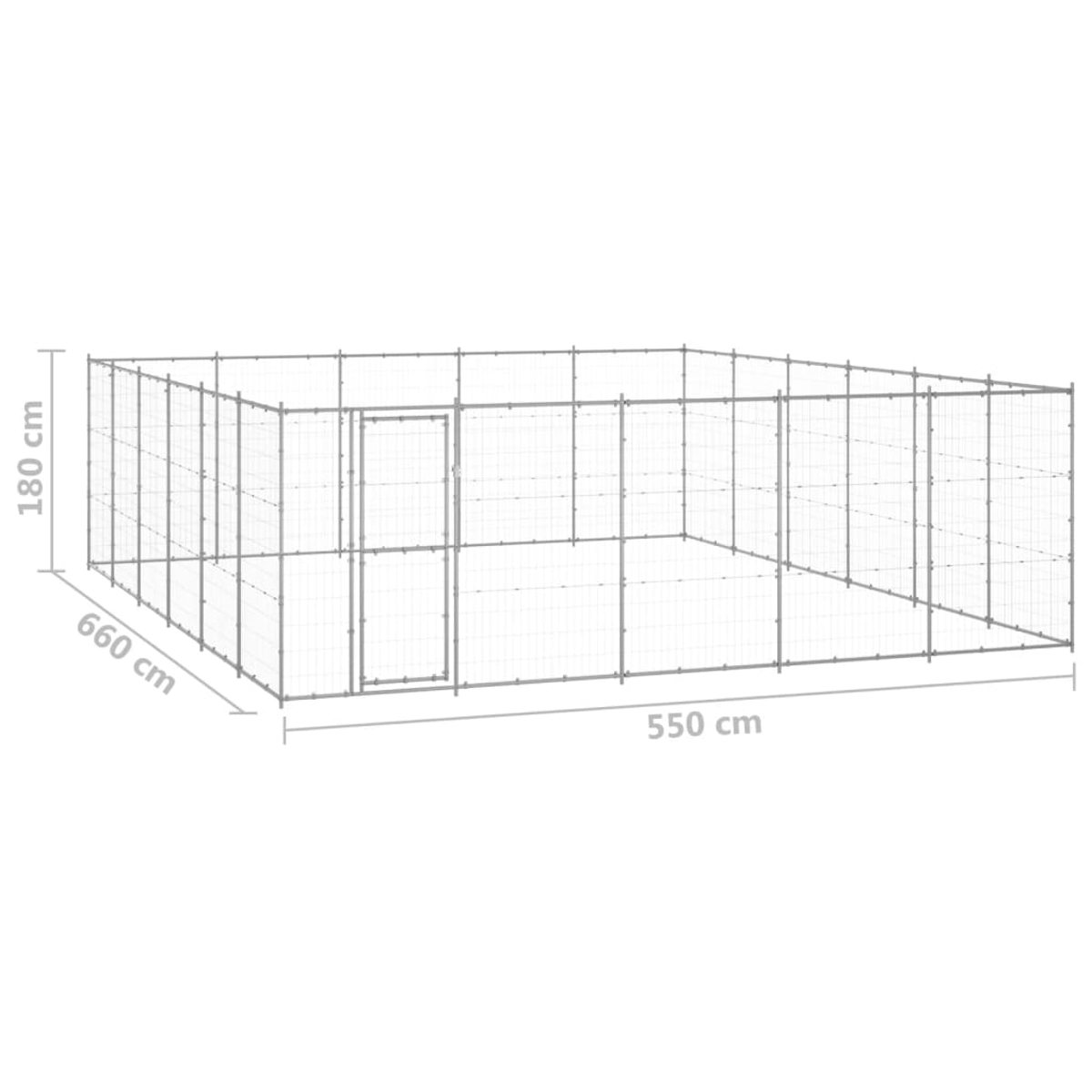 Ein rechteckiger Metall-Haustierauslauf mit Tür, Abmessungen 660x550x180 cm. Der Auslauf ist leer, vor weißem Hintergrund.
