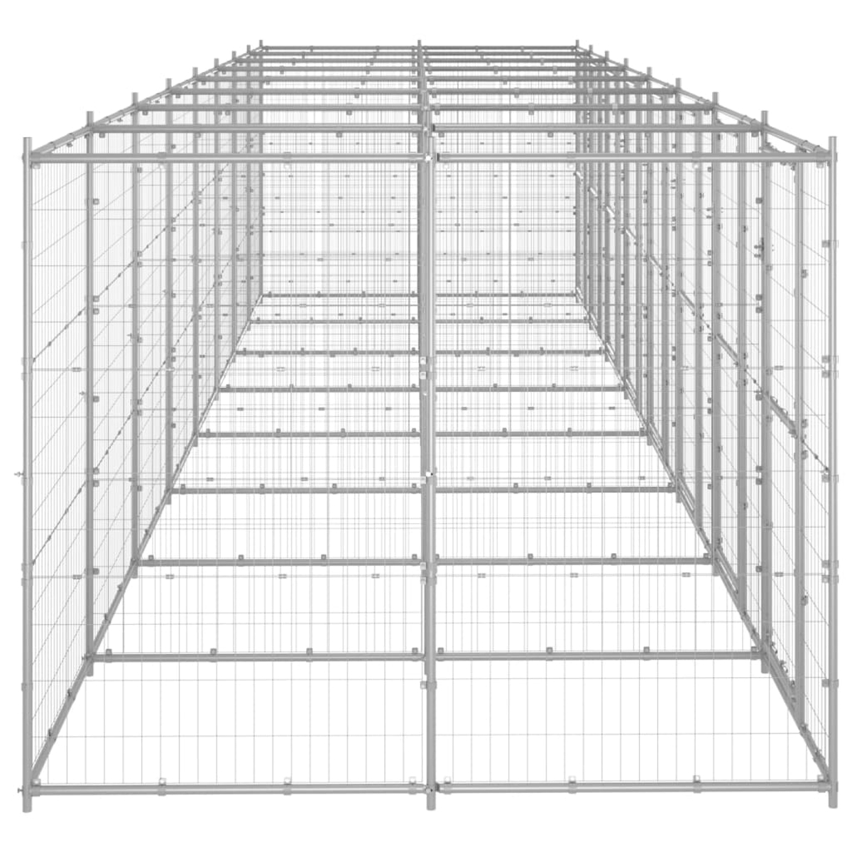 Eine lange, rechteckige Metallkonstruktion, möglicherweise ein Zwinger oder Gehege. Sie besteht aus Drahtgeflecht und Metallrahmen.