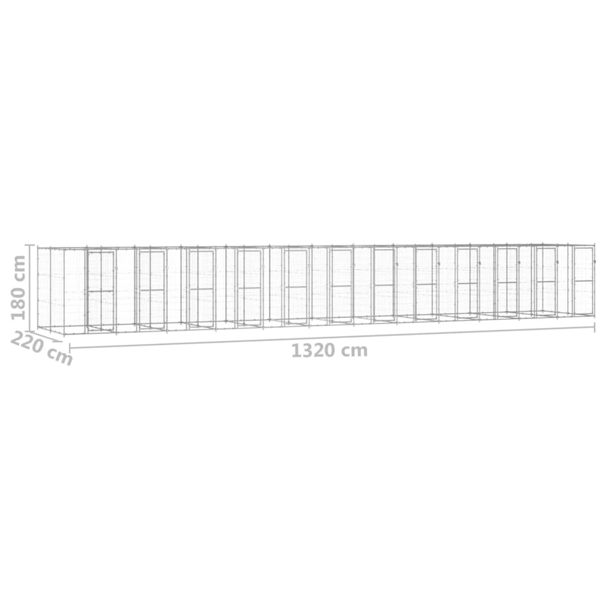 Eine lange, rechteckige Käfigstruktur mit den Maßen 180 cm hoch, 220 cm breit und 1320 cm lang vor weißem Hintergrund.