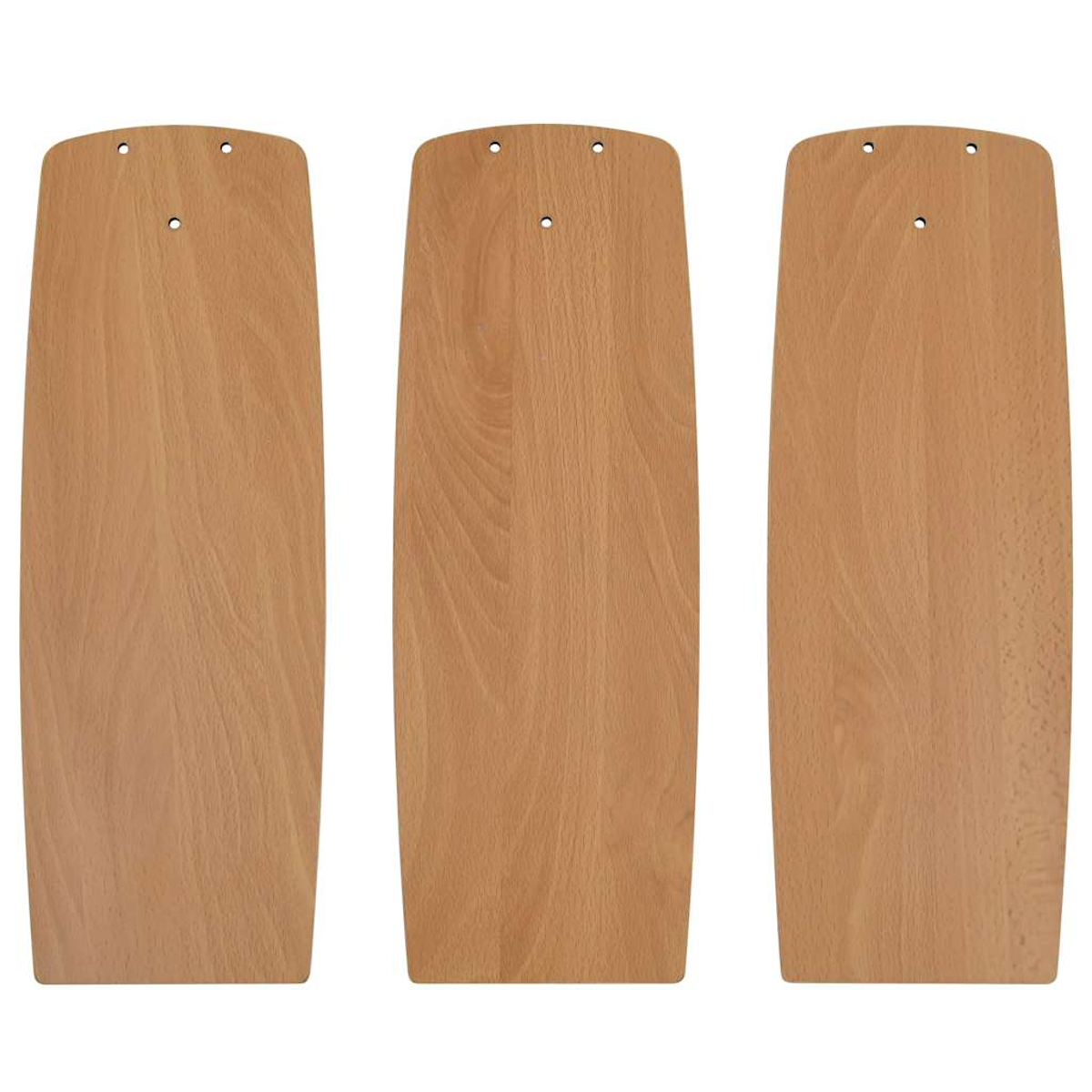 Tres aspas de ventilador de techo de madera dispuestas verticalmente. Cada aspa es de color marrón claro y tiene tres agujeros pequeños arriba.