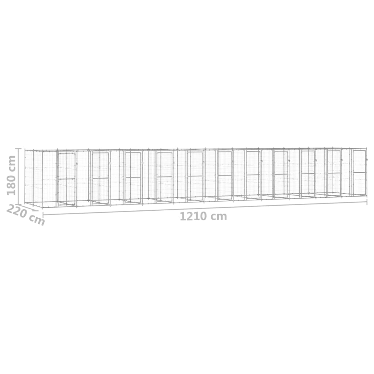 Metall-Hundezwingerstruktur, mehrere verbundene Einheiten. Abmessungen: 180 cm Höhe, 220 cm Breite, 1210 cm Länge. Grau.