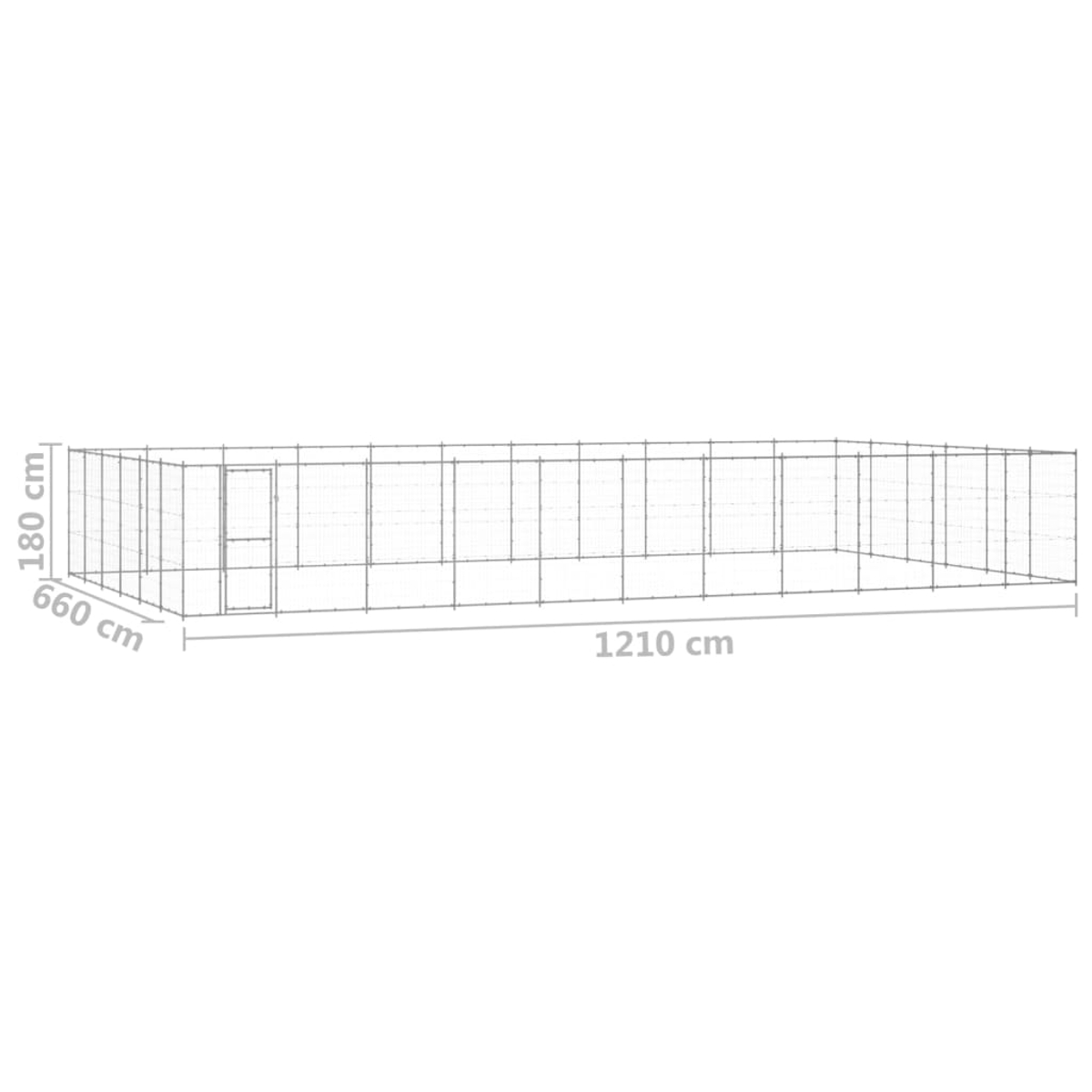 Ein rechteckiger Hundeauslauf aus Metall mit den angegebenen Abmessungen: 660 cm, 180 cm und 1210 cm. Er hat eine Tür und eine Gitterstruktur.