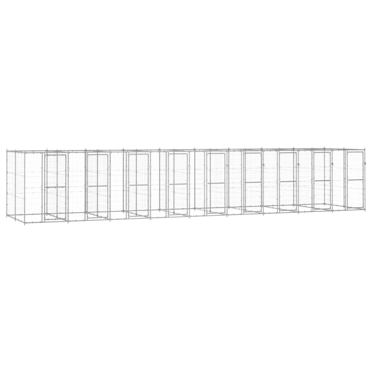 Eine lange, verbundene Reihe von Metallgehegen für Tiere. Jedes Gehege hat eine Tür. Der Hintergrund ist schlicht weiß.
