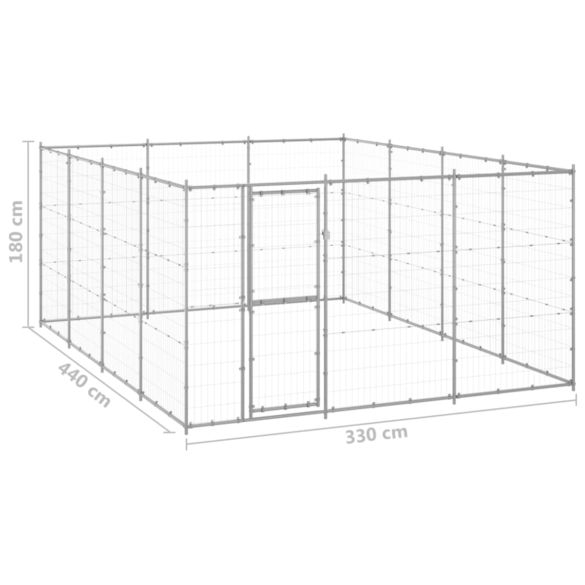 Ein Metall-Hundezwinger mit den Maßen 440 cm x 330 cm x 180 cm wird gezeigt. Er hat eine Tür. Der Hintergrund ist weiß.