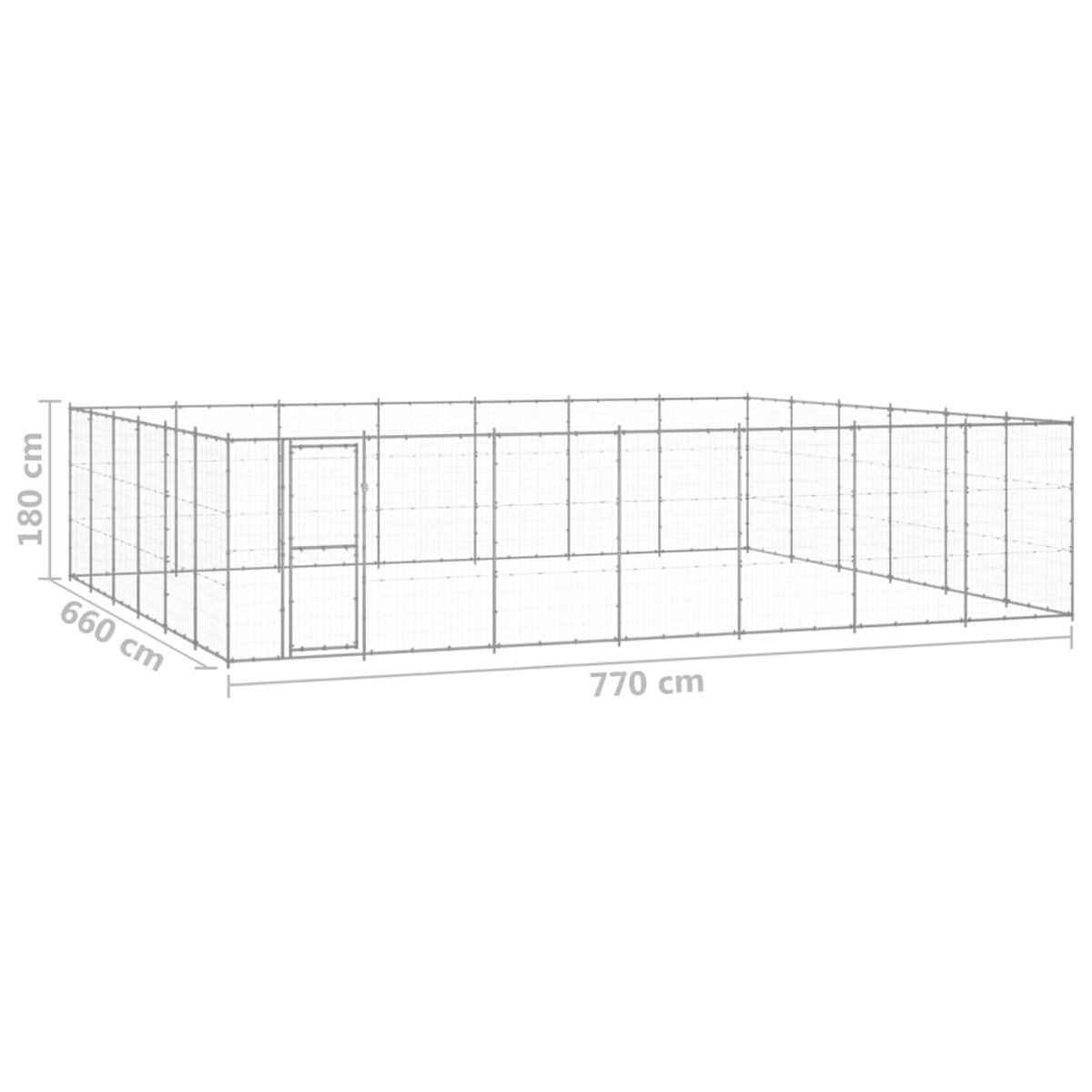 Ein rechteckiger Hundeauslauf aus Metall wird angezeigt, mit den angegebenen Abmessungen: 180 cm Höhe, 660 cm Breite und 770 cm Länge, vor weißem Hintergrund.