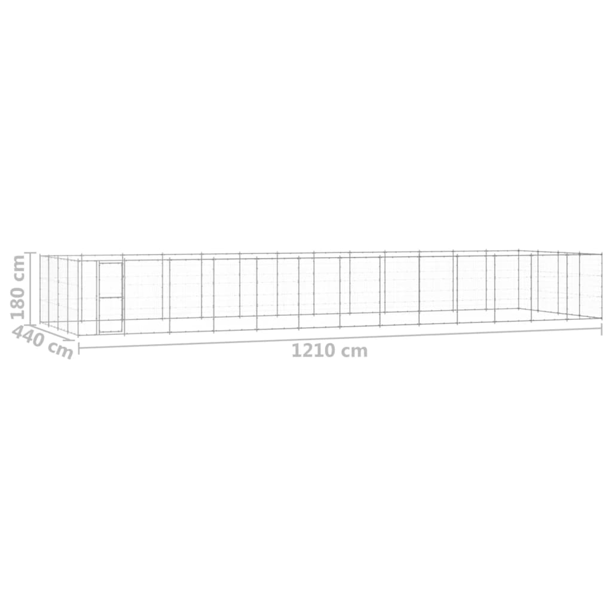 Eine rechteckige Drahtgitterstruktur mit beschrifteten Abmessungen. Die Struktur hat eine Tür mit den Maßen 440 cm x 180 cm x 1210 cm.