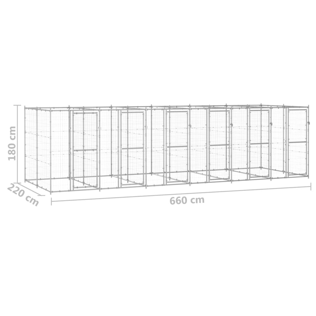 Eine große, rechteckige Metallkonstruktion, wahrscheinlich ein Haustiergehege, mit mehreren verbundenen Fächern. Abmessungen: 180 cm, 220 cm und 660 cm.