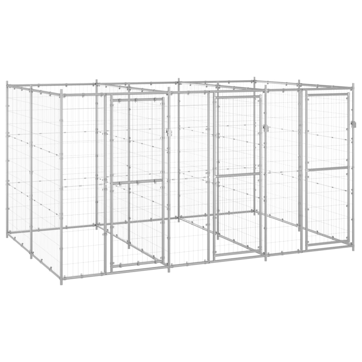 Ein großer, modularer Hundeauslauf aus Metall. Er hat mehrere verbundene Gehege mit Drahtgitterwänden und Türen. Die Struktur ist grau.