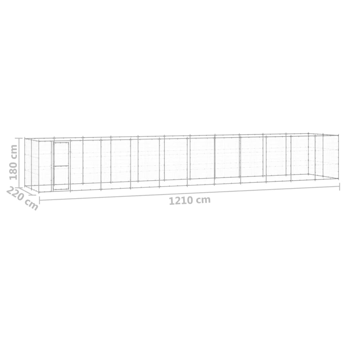 Ein langer, rechteckiger Metallkäfig mit den Maßen: 220 cm x 180 cm x 1210 cm. Enthält eine Tür auf der linken Seite.