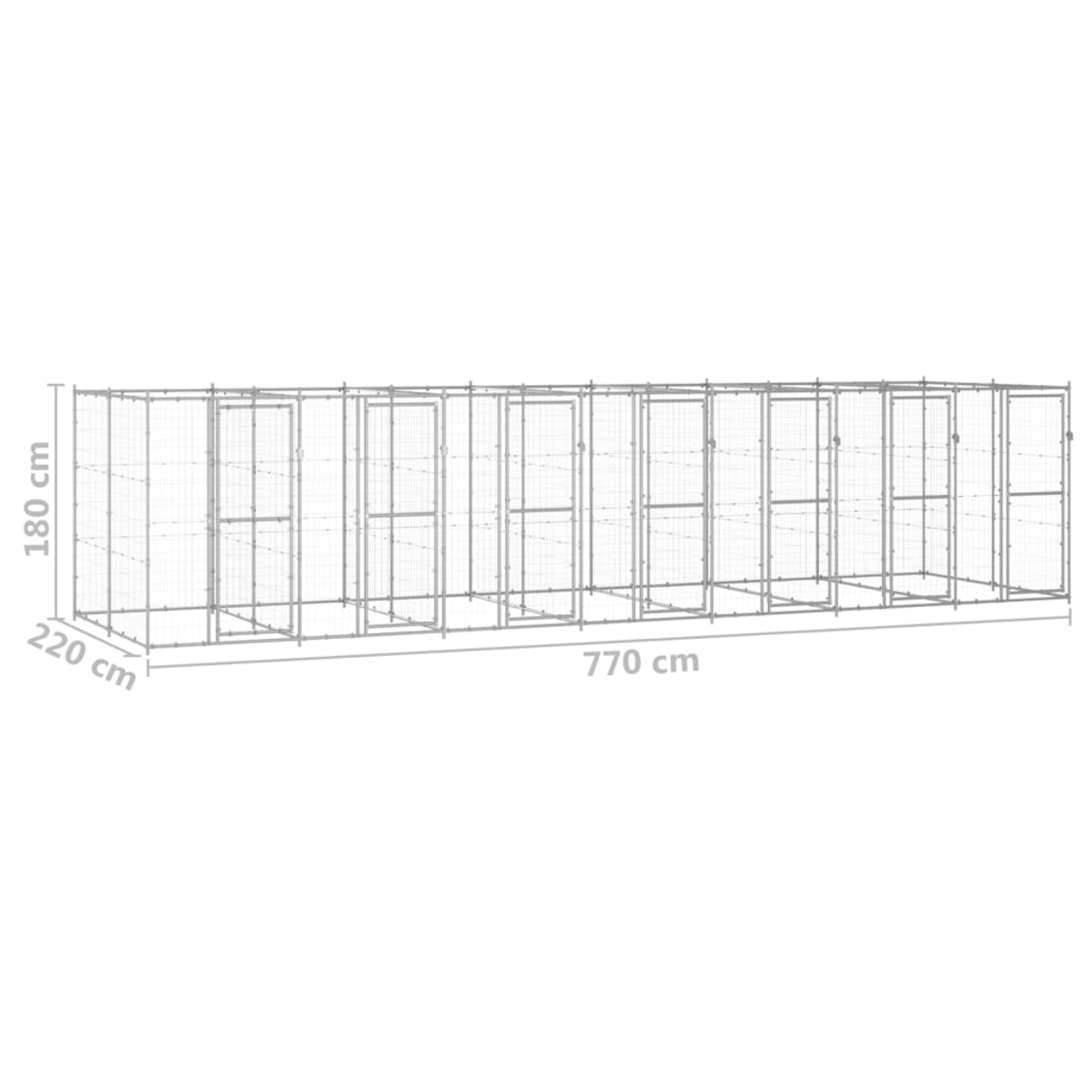 Ein großer, rechteckiger Metallkäfig wird gezeigt. Die Abmessungen sind markiert: 220 cm x 180 cm x 770 cm. Er hat mehrere verbundene Fächer.