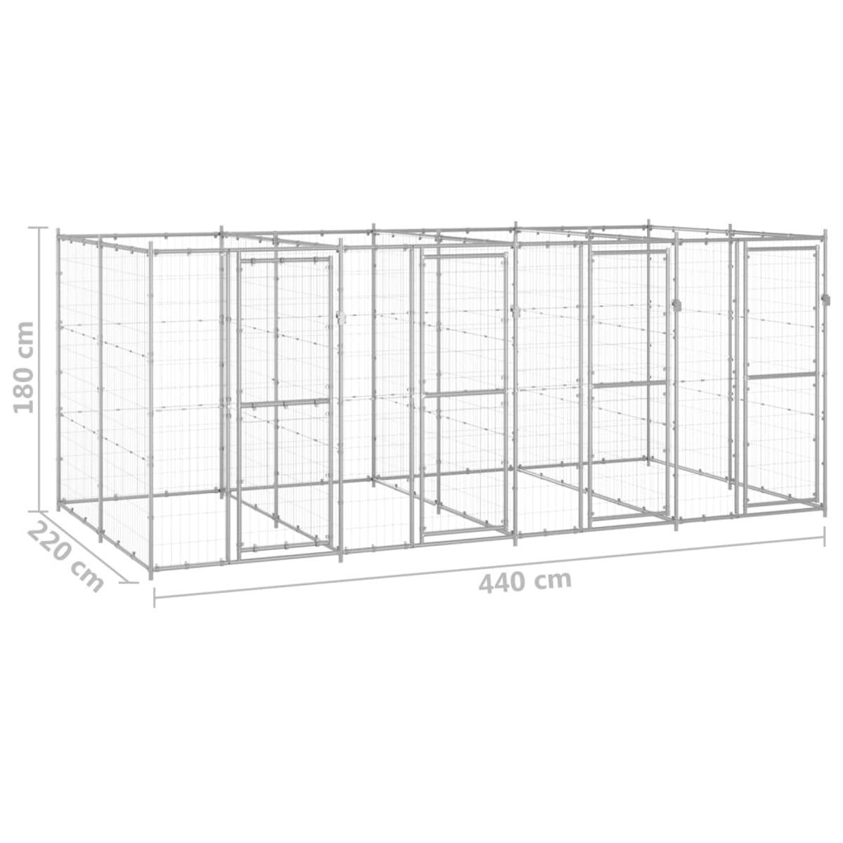 Ein Hundekäfig aus Metall mit den angegebenen Maßen: 180 cm hoch, 220 cm tief und 440 cm breit. Der Käfig ist leer, auf weißem Grund.