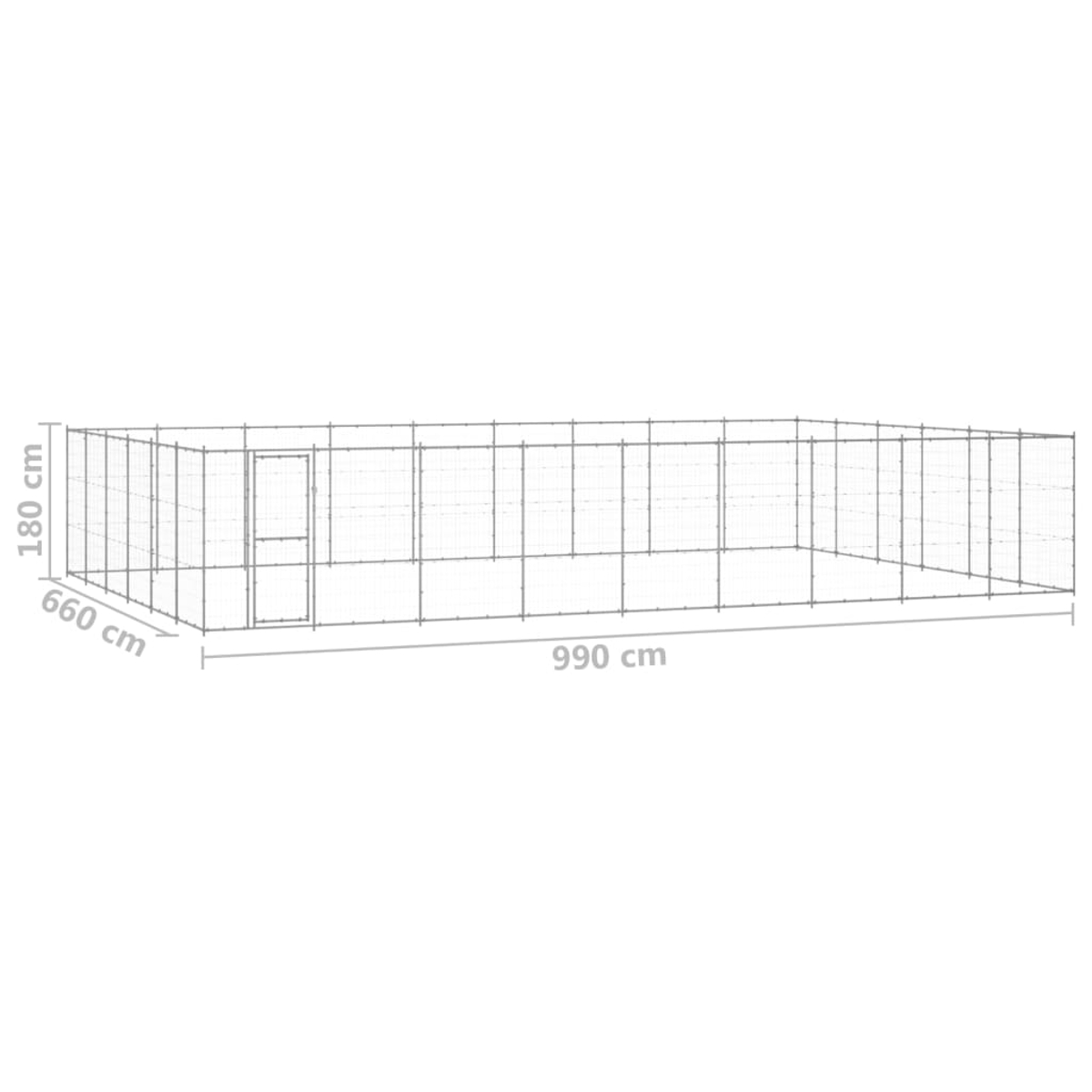 Ein großer, rechteckiger Metall-Haustierauslauf. Er hat eine Tür und ist mit den Maßen 180 cm, 660 cm und 990 cm beschriftet.