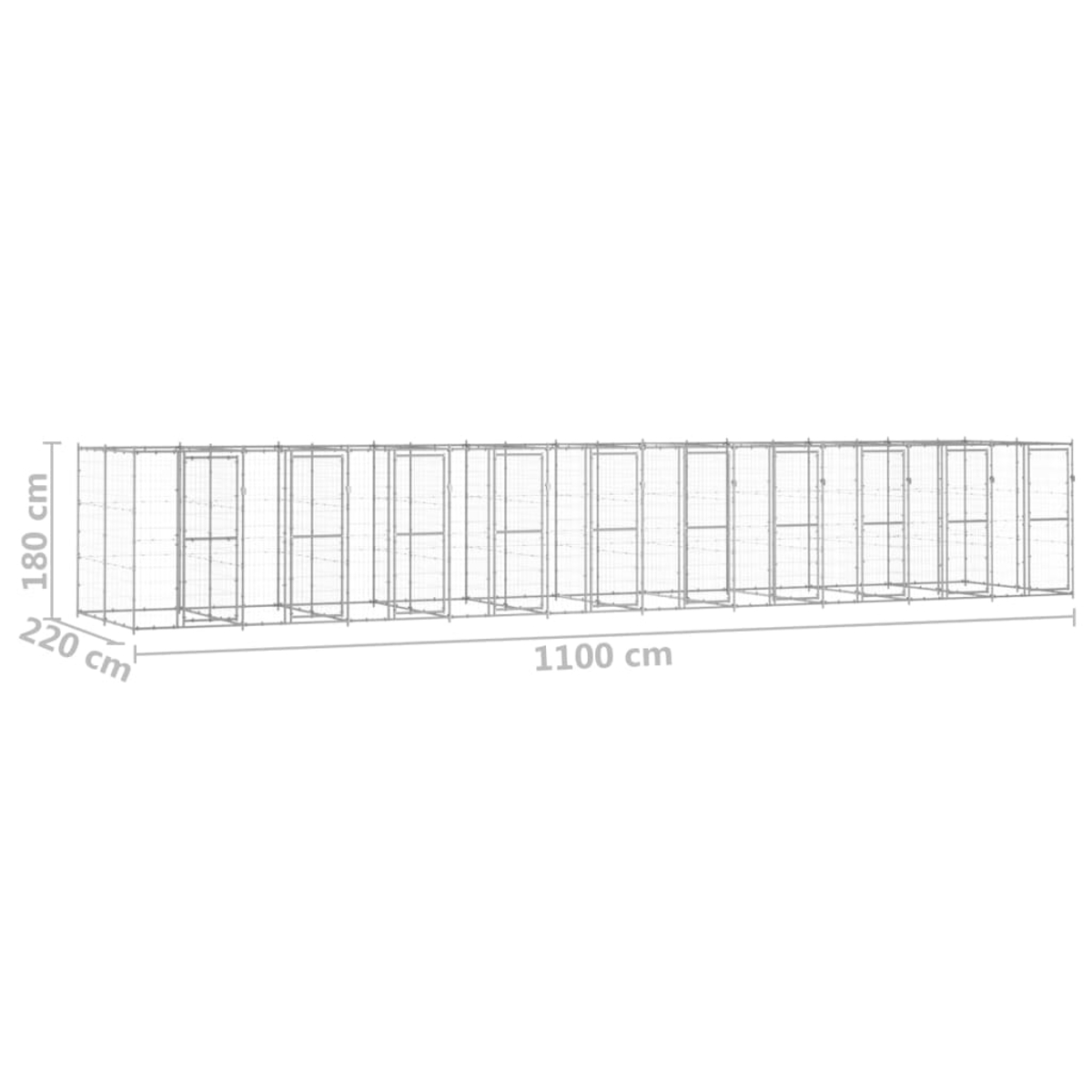 Eine lange, rechteckige Metallkonstruktion mit mehreren Fächern. Abmessungen: 1100 cm lang, 180 cm hoch und 220 cm tief.